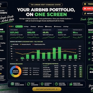 Peut inclure: Un tableau de bord numérique pour les hôtes Airbnb intitulé Your Airbnb Portfolio, On One Screen. Il affiche des indicateurs financiers, des taux d'occupation et des données de performance sous forme de graphiques et de tableaux, compatible avec Excel et Google Sheets.