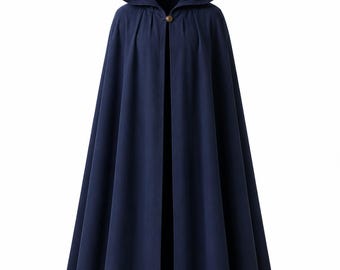 Capa azul marino con capucha, capa de fantasía medieval, disfraz gótico renacentista (cierre de botones)