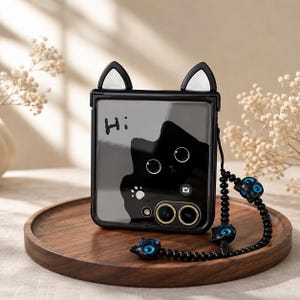 May include: A black foldable smartphone case featuring a cartoon cat design with white ears on top and the text Hi. The case includes a black beaded wrist strap with small cat-shaped charms that have blue eyes, and two circular camera lens cutouts.