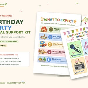 May include: A sensory-friendly birthday party visual support kit featuring 5x7 templates. The text includes "What to Expect" with numbered steps from 1 to 5, and "Birthday Song Choice" with options for singing, music, or no song, all on white paper.