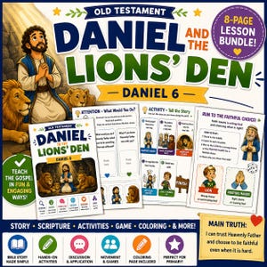 Könnte beinhalten: Ein 8-seitiges Lektionspaket mit dem Titel Old Testament Daniel and the Lions' Den Daniel 6. Das Lehrmaterial enthält Arbeitsblätter, ein Spiel und Ausmalbilder mit Illustrationen von Daniel, Löwen und erklärendem Text für Kinder.