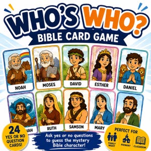 May include: A Who's Who? Bible Card Game featuring ten illustrated character cards including Noah, Moses, David, Esther, Daniel, Jonah, Ruth, Samson, Mary, and a man. The game includes 24 yes or no question cards for guessing mystery characters.