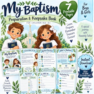 May include: A digital My Baptism Preparation & Keepsake Book for children age 8+. The set includes 7 printable pages featuring illustrations of a boy and girl holding Holy Bibles, a temple, checklists, and activity sheets with religious text.