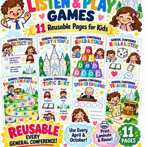 Puede incluir: Un conjunto de 11 páginas de actividades reutilizables para niños tituladas General Conference Listen & Play Games. Las hojas coloridas presentan ilustraciones de dibujos animados, juegos numerados y tareas como Build the Temple.
