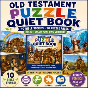 May include: An Old Testament Puzzle Quiet Book featuring 10 Bible stories and 20 puzzle pages with color and color-your-own versions. The book cover displays illustrated biblical scenes, including Noah's Ark and various figures, with bold text titles and icons for printing, cutting, and assembling.