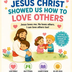 May include: A Primary Nursery lesson poster titled Jesus Christ Showed Us How To Love Others. It features an illustration of Jesus hugging a child, two children sharing a heart, and icons for Love Kindly, Help Others, Learn & Grow, and Be Like Jesus.