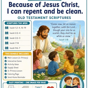May include: A digital lesson bundle for September Week 3 titled Primary Lesson Bundle. It features an illustration of Jesus Christ with children, scripture references from Isaiah, a list of included materials, and printing instructions on an 8.5 x 11 inch page.