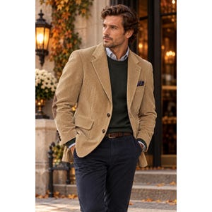 Puede incluir: Una americana de pana color canela con solapas de muesca y dos botones, sobre un suéter de cuello redondo verde oscuro y una camisa de cuello azul claro. El conjunto incluye pantalones azul marino con cinturón de cuero marrón.