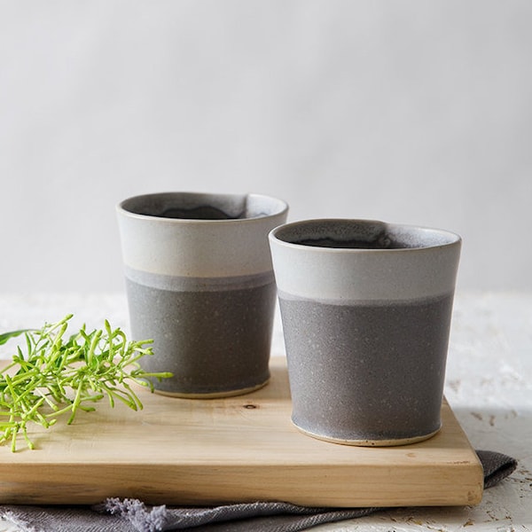 2 Gray Ceramic Espresso Cups, Modern Gray And Purple Tea Cups, Ceramic Tumblers, Modern Pottery, Stoneware Gray Cup, Set Of Two