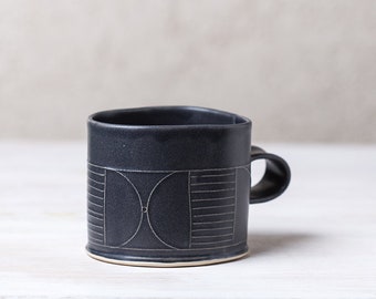 Black Ceramic Mug ,13.5 Oz Large Coffee Mug, Modern Unique Coffee Mug, Handmade Mug, Stoneware Mug, Minimalist Mug, Coffee Lovers gift