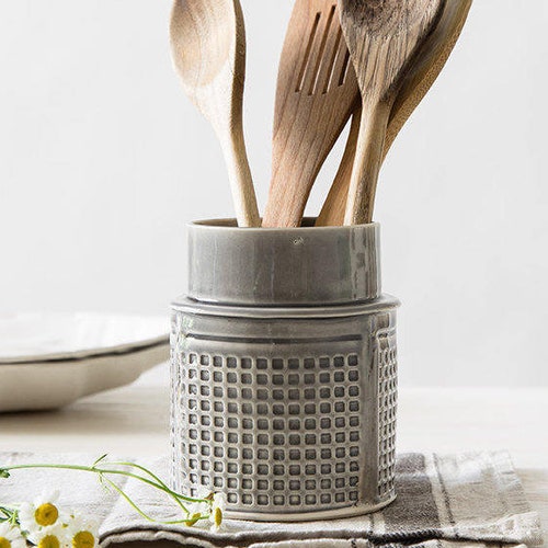 Ceramic Utensil Holder Ceramic Kitchen Utensils Light Gray Etsy