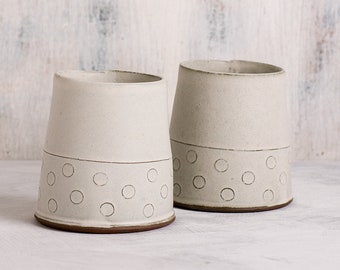 2 Ceramic White Long Espresso Cups, SET OF TWO,  Artistic Designer Handmade Coffee Tumbler, White Tea Cups.