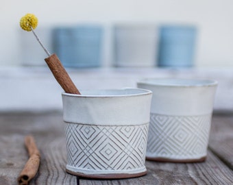 Ceramic Handmade Textured Espresso Cups Set of 2, Gift for Father, Espresso Cups in white Geometric Pattern, Ceramic Short Tea Tumblers