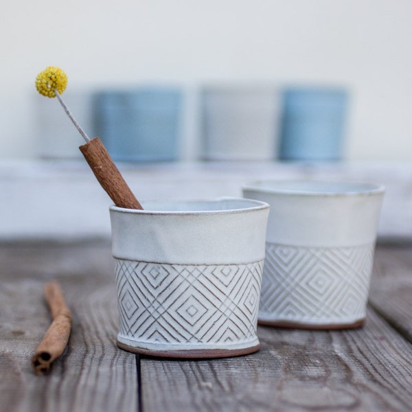 Ceramic Handmade Textured Espresso Cups Set of 2, Gift for Father, Espresso Cups in white Geometric Pattern, Ceramic Short Tea Tumblers