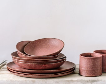 Pink Pottery Dinnerware Set of 2, Ceramic Plates and Bowl Set, Ceramic Dinner Serving Bowls, Large Ceramic Plates and Salad Bowl