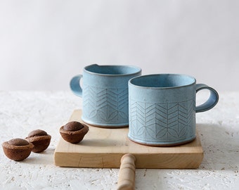 Blue Ceramic Mugs, Light Blue Coffee Mugs, Modern Mugs, Stoneware Coffee Mugs, Ceramic Handmade Mugs, Unique Blue Coffee Mug, SET OF TWO