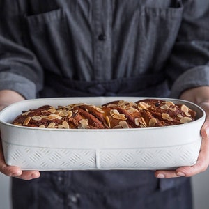 Pottery Baking Dish, White Oval Stoneware Dish, English Cake Dish, Modern Baking Pan, Ceramic Bread Baking Dish image 1