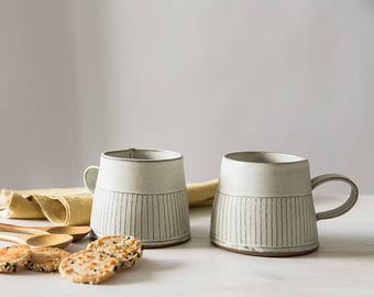 2 White Handmade Ceramic Coffee Mugs, Striped Ceramic Modern Mugs, Set of 2 White Ceramic Mugs, Pottery Handmade Coffee Mugs Set, Office Mug