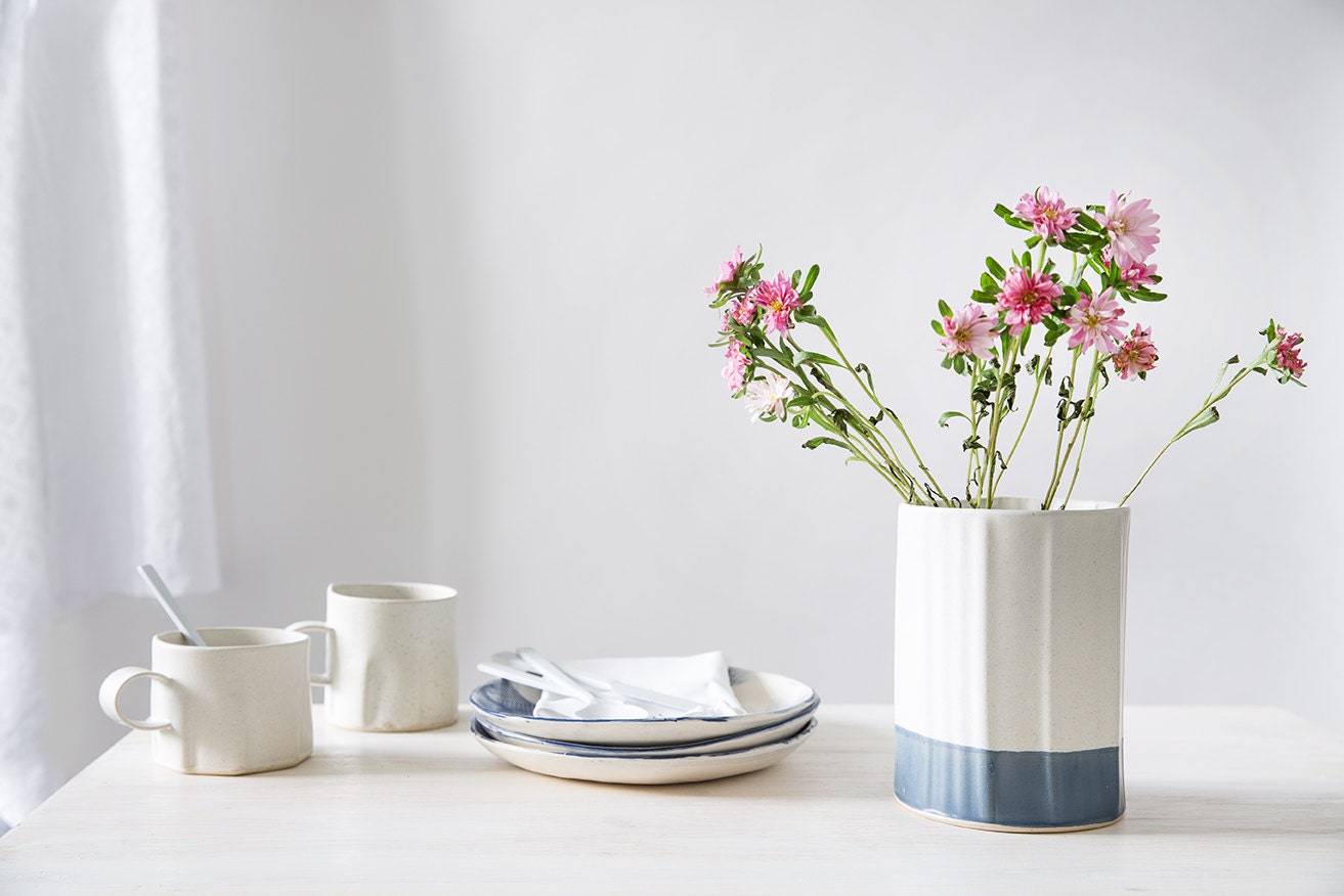 Ceramic Utensil Holder Blue and White Storage Pot Modern Etsy