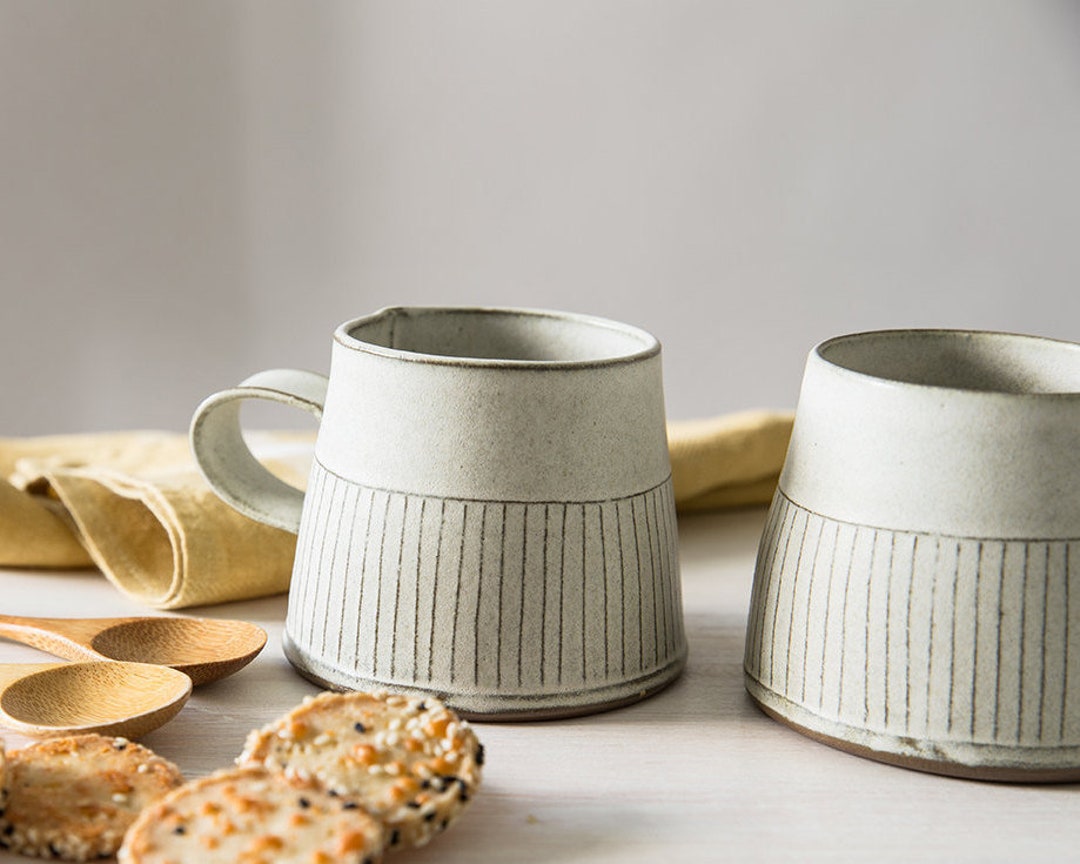 Ceramic Tea Cup, Modern Coffee Mug, White Ceramic Cup, White Coffee Mug  With Deep Wide Lines ,textured Coffee Cup, Faceted Patterned Mug 