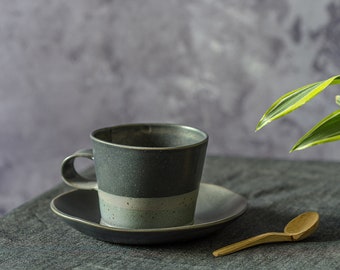 Black Coffee Mug, Ceramic Mug With Saucer, Modern Coffee Mug, Minimalist Mug, Unique Coffee Mug, Handmade Mug, Stoneware Mug, Coffee Lovers
