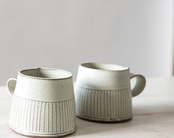 Ceramic Tea Cup, Modern Tea mug, White ceramic cup, White Coffee Mug with a straight lines Pattern