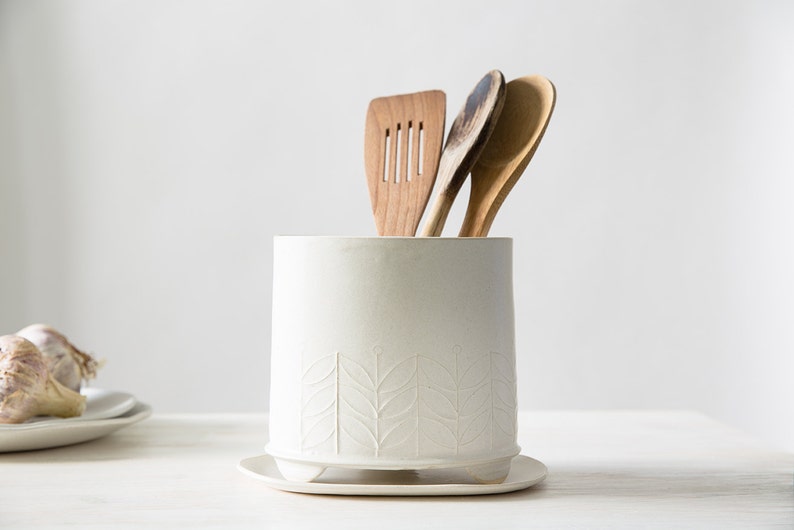 Large Ceramic Utensil Holder, White Storage Pot, Modern Kitchen Crock Holder, Minimalist Stylish Utensil, Modern Scandinavian Kitchenware image 1