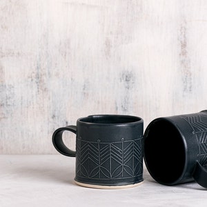 Ceramic black mugs, Black Coffee Mugs, Handmade Stoneware Mugs, 2 Cappuccino Cups, Minimalist Black Mugs, Black Stoneware Mugs, SET OF TWO