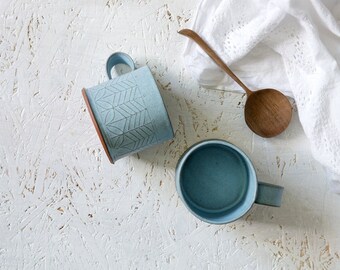 Blue Ceramic mug, Light blue coffee cup, Modern tea Cup, geometric pattern, Unique pottery mug, Blue stoneware mug, Valentines day gift