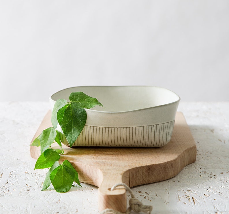 Ceramic Bowl, white Ceramic Serving Bowl, Modern Stoneware Bowl, minimalist Salad Bowl, stripes Patterned Bowl, white kitchen, holidays gift image 1