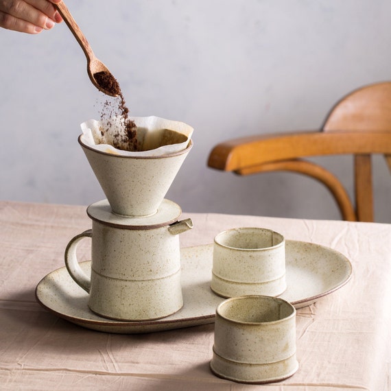 Pour Over Coffee Set in White Glaze, Ceramic Pour Over Pitcher