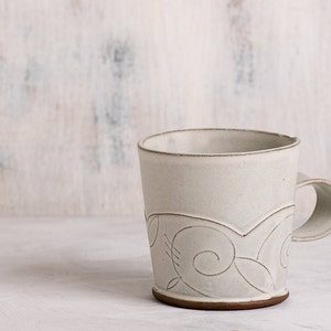 White Ceramic mug, Ceramic Coffee Mug, Modern Patterned coffee cup, White tea mugs, Cappuccino cup, white Minimalist mug, Coffee lovers gift image 1