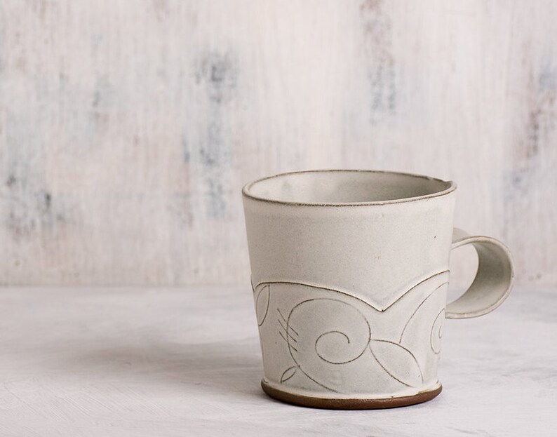 White Ceramic mug, Ceramic Coffee Mug, Modern Patterned coffee cup, White tea mugs, Cappuccino cup, white Minimalist mug, Coffee lovers gift image 1