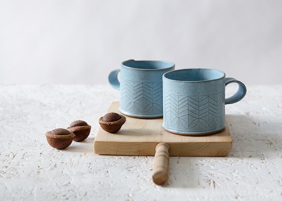 Set 2 Hand Blown Glass Mugs Blue And White with Applied Handles