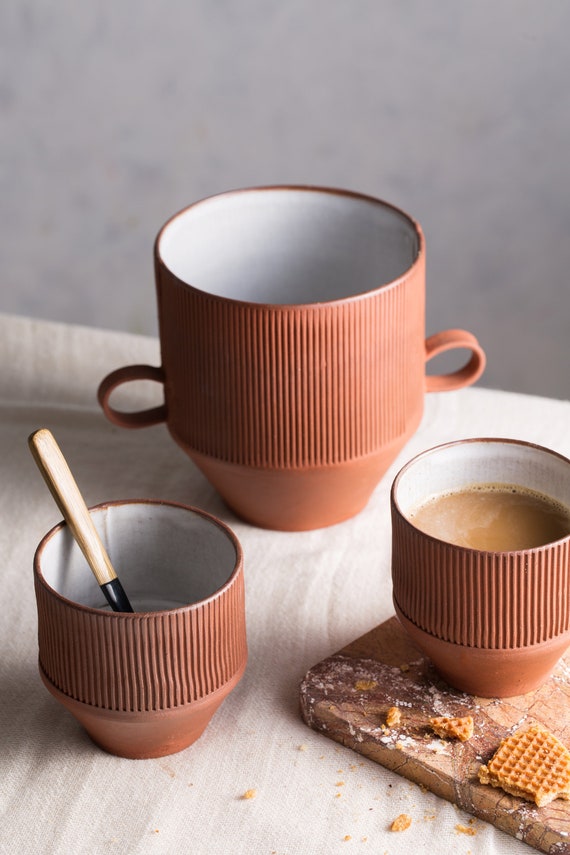 Tazas de café de cerámica, vasos de cerámica, tazas de té hechas a mano,  tazas de capuchino, tazas de café de terracota a rayas, tazas de cerámica  minimalistas, JUEGO DE 2 