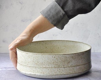 Large ceramic white bowl, Ceramic serving bowl, Modern White Salad bowl,  Stoneware Speckled Bowl, Pottery Fruit Bowl, Rustic Stoneware Bowl