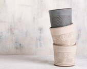 Geometric Engraved Ceramic Espresso Cups Set, 2 White Tea Cups, Modern Ceramic Tumbler, Handmade Pottery Wedding Gift