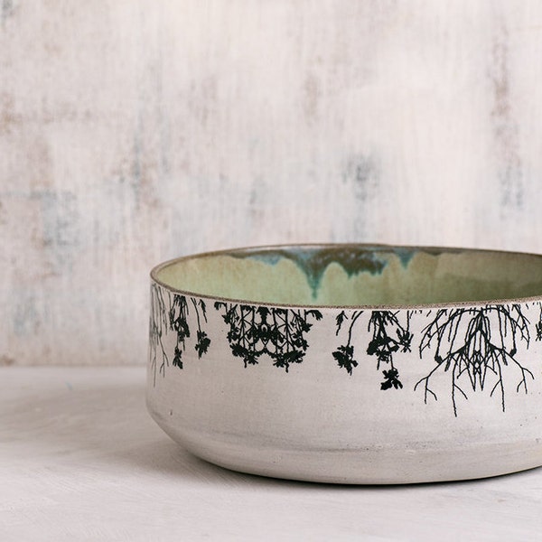 Ceramic Bowl, Modern serving bowl, Home Decor Fruit Bowl, Mint Green pottery, Decorative Woodland Bowl, trees print bowl, READY TO SHIP