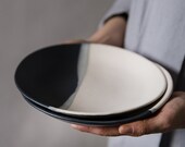 2 Ceramic Plates Set, Modern Dessert Plates Set of Two, Black & White Stoneware Plate, Pottery Minimalist Salad Serving Plates