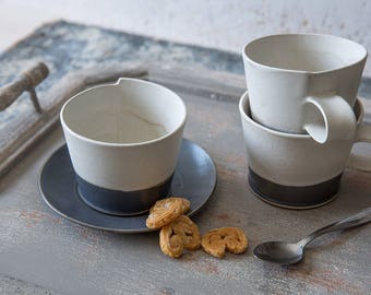 Large Coffee Cup, Modern Ceramic Cup with a Saucer, Black & white Coffee Mug, Minimalist Mug, Cappuccino Mug, Pottery Coffee Lovers Gift