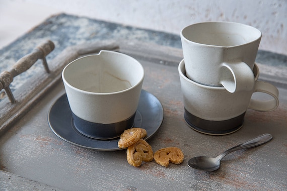 Large Coffee Cup, Modern Ceramic Cup With a Saucer, Black & White Coffee Mug,  Minimalist Mug, Cappuccino Mug, Pottery Coffee Lovers Gift 