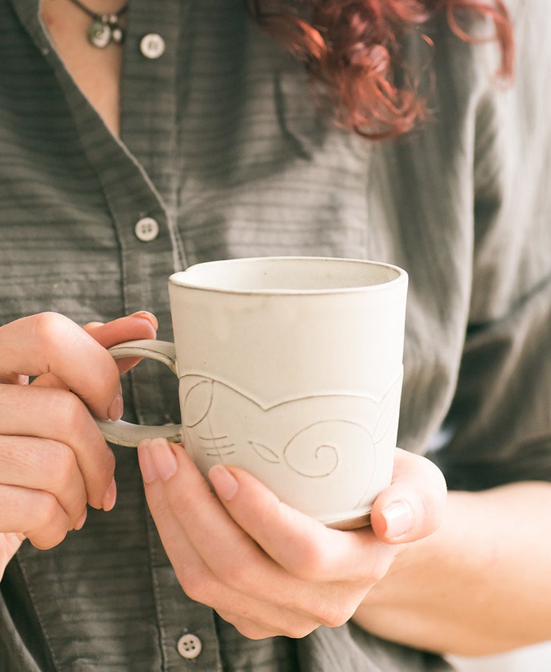 White Ceramic mug, Ceramic Coffee Mug, Modern Patterned coffee cup, White tea mugs, Cappuccino cup, white Minimalist mug, Coffee lovers gift image 2