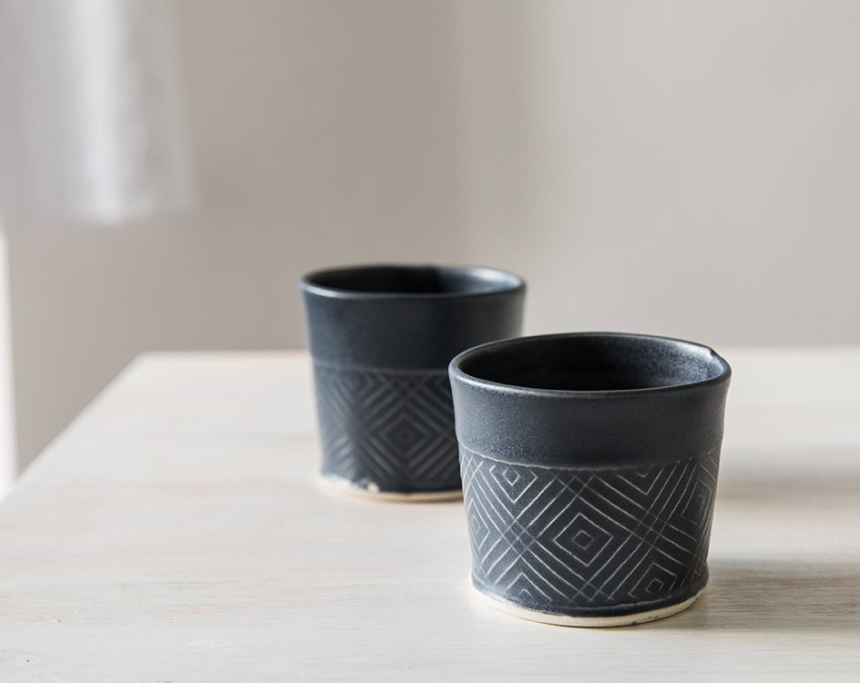Tasses à Expresso en Céramique, Tasse Café Noire, Motif Géométrique de Moderne, Petit Gobelet Cérami