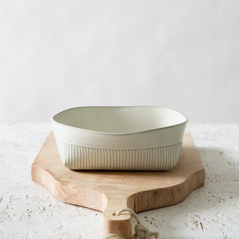Ceramic Bowl, white Ceramic Serving Bowl, Modern Stoneware Bowl, minimalist Salad Bowl, stripes Patterned Bowl, white kitchen, holidays gift image 2