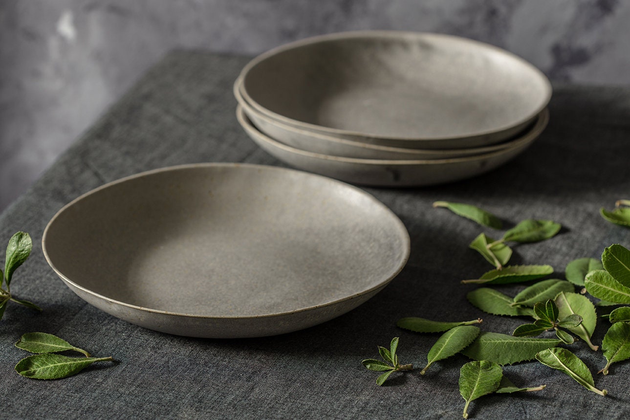 Assiettes de Poterie, Assiettes en Céramique, à Dîner Gris, Ensemble de 6