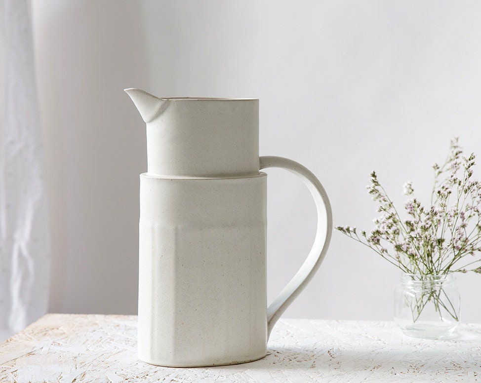 Pichet en Céramique, Pichet d'eau, Grès Blanc, Fait à La Main, Poterie, Vase Blanc Moderne, Cadeau d