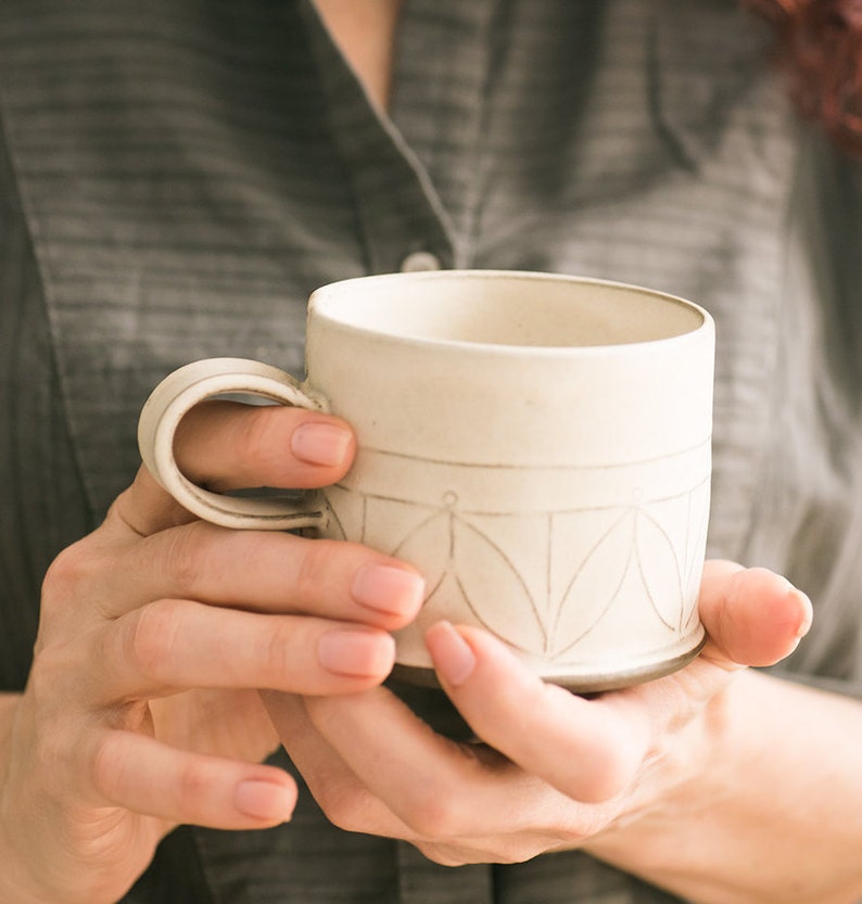 white Ceramic mug, Modern tea cup, patterned coffee Cup, textured coffee mug, minimalist white Cup, coffee lovers gift, mothers day gift image 2