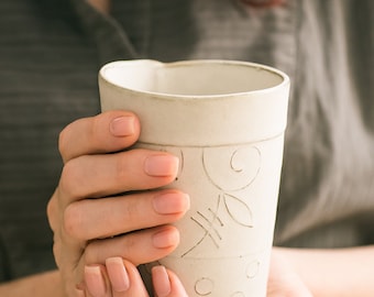 Tall Ceramic Tumbler, White Handmade Patterned Tumbler, Modern Drinking Cup, Tall Cold Drink Cup, Textured Lemonade Cup, Mom Holidays Gift