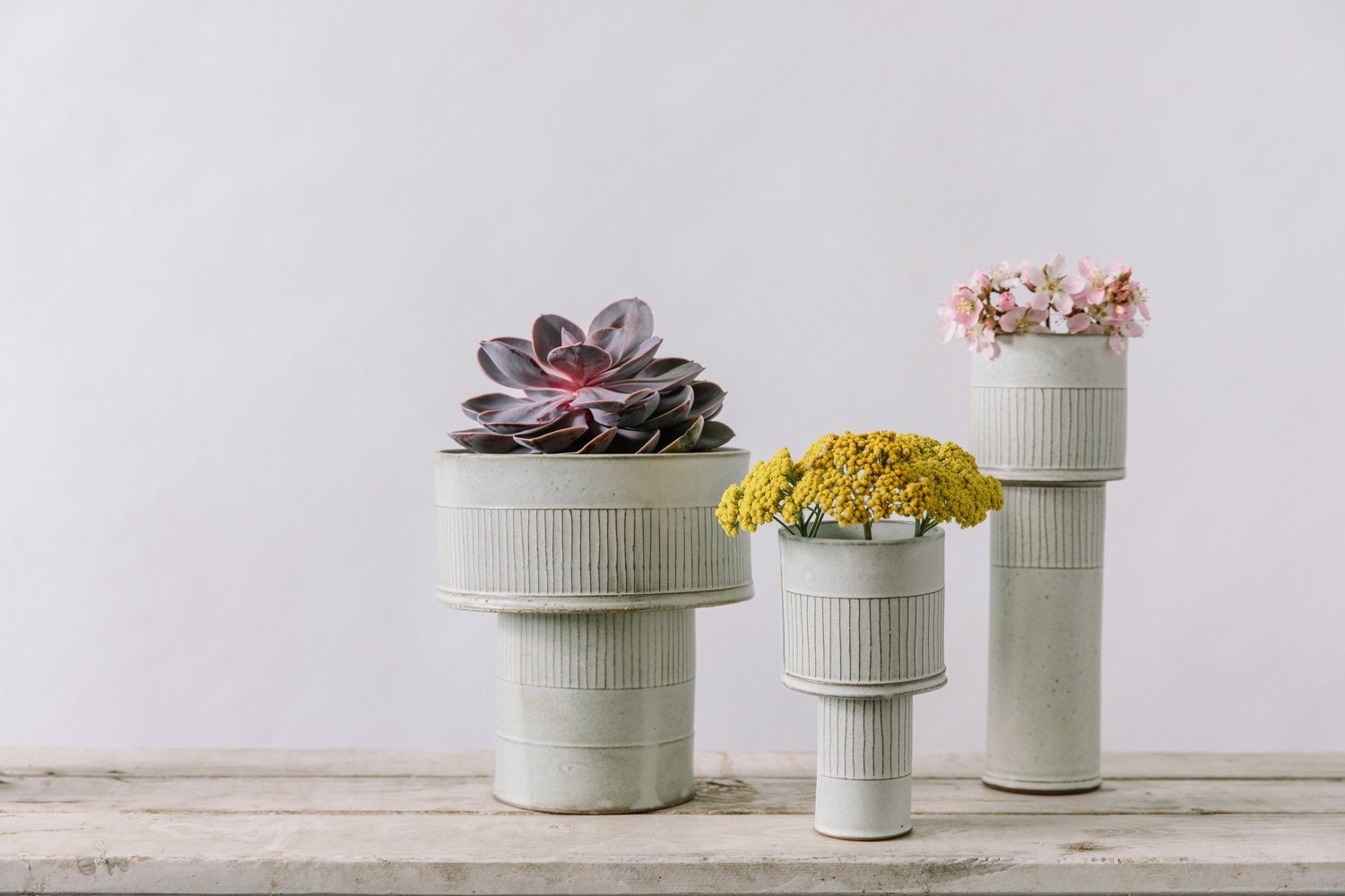 Set de 3 Planteurs en Céramique Blanc, Ensemble de Pot Plante, Planteurs Succulents Blancs, Vase Mod