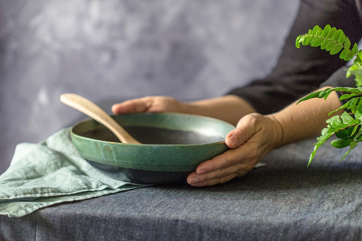 Bol en Céramique, Bol à Salade Noir et Vert, Bol Céramique Fait Main, Grès Moderne, de Mélange Poter